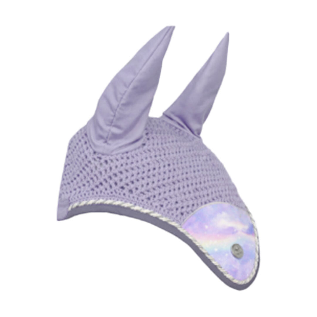 Purple horse hood with ear flaps on a white background
