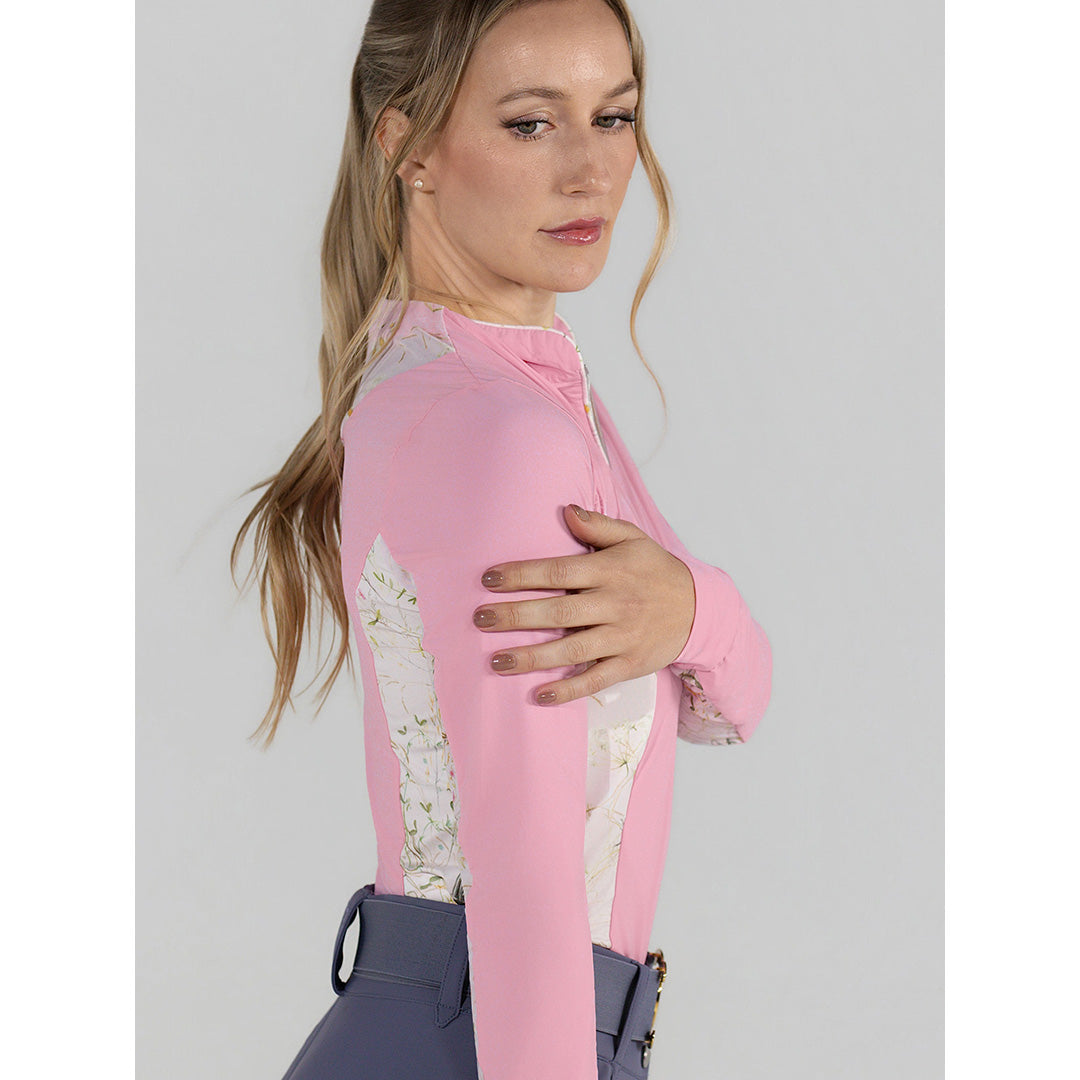 pink long sleeve riding top with pattern accent
