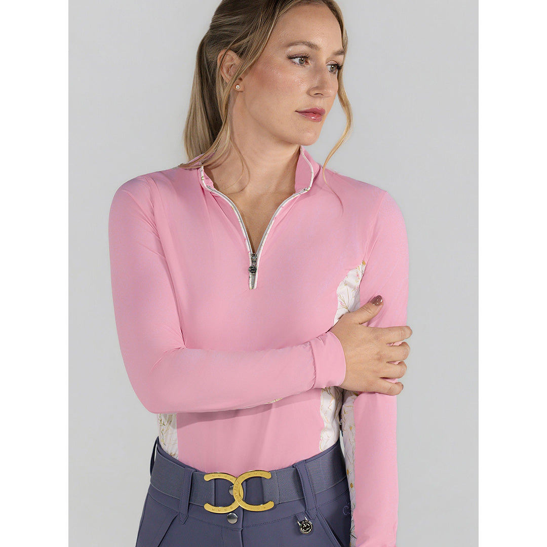 pink long sleeve riding top with pattern accent