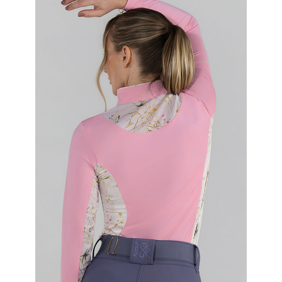 pink long sleeve riding top with pattern accent