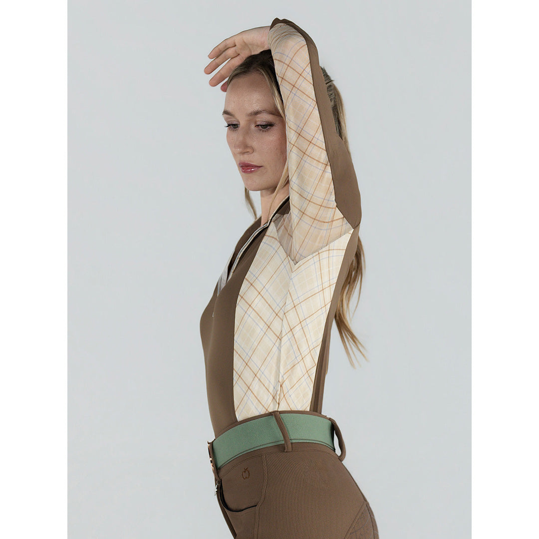 brown long sleeve sunshirt with printed detail