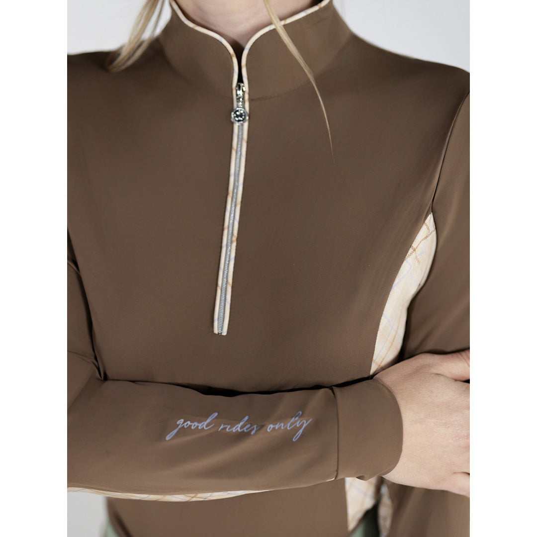 brown long sleeve sunshirt with printed detail