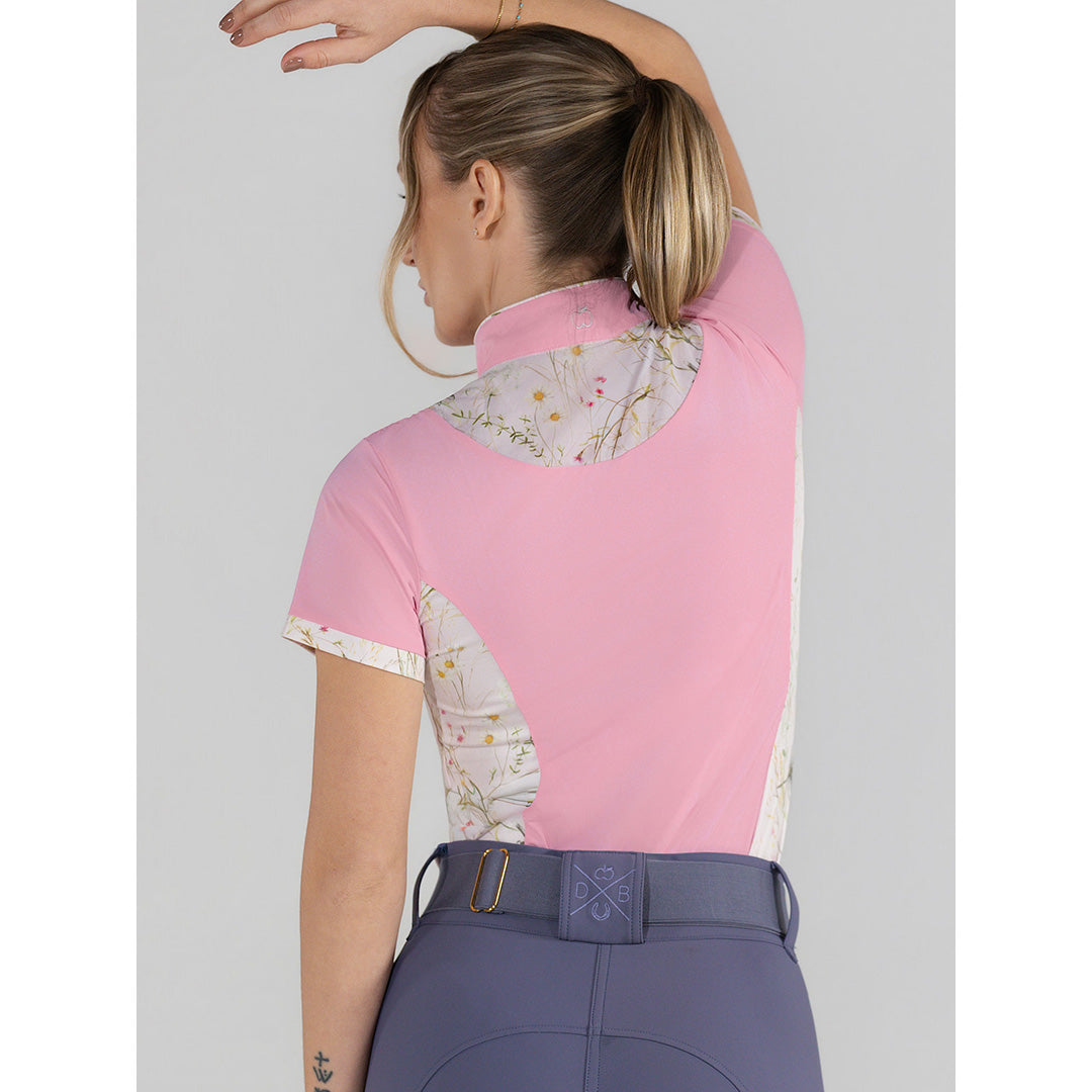 pink short sleeve riding shirt with pattern accents