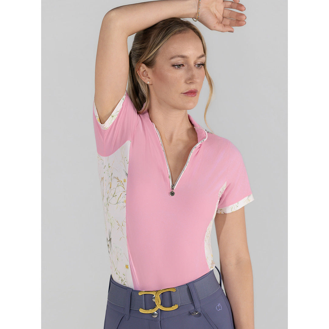 pink short sleeve riding shirt with pattern accents