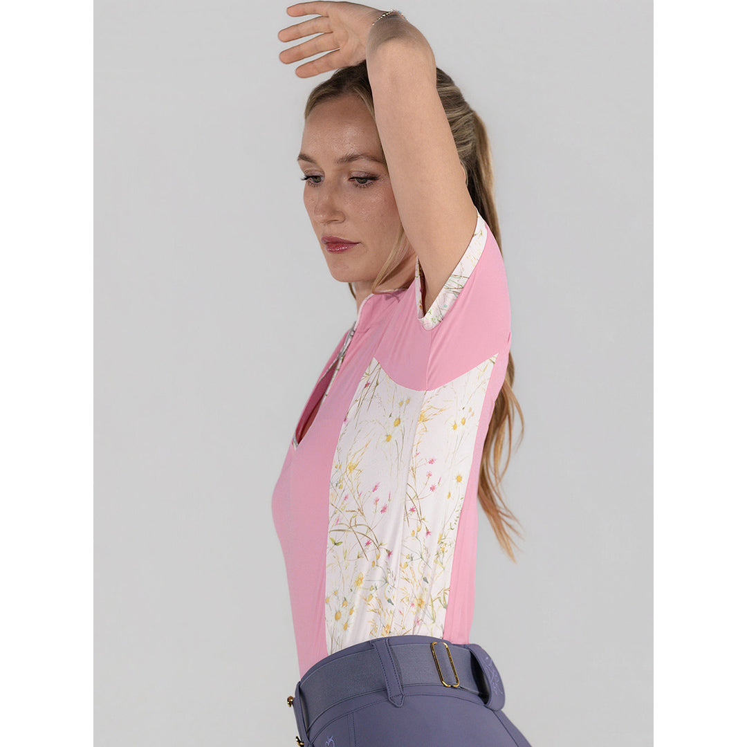 pink short sleeve riding shirt with pattern accents