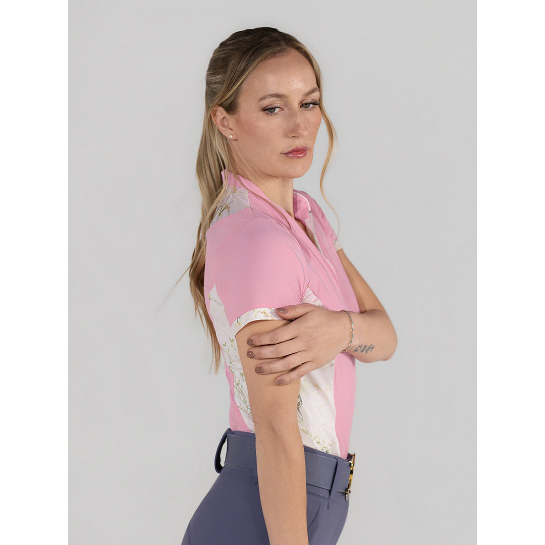 pink short sleeve riding shirt with pattern accents