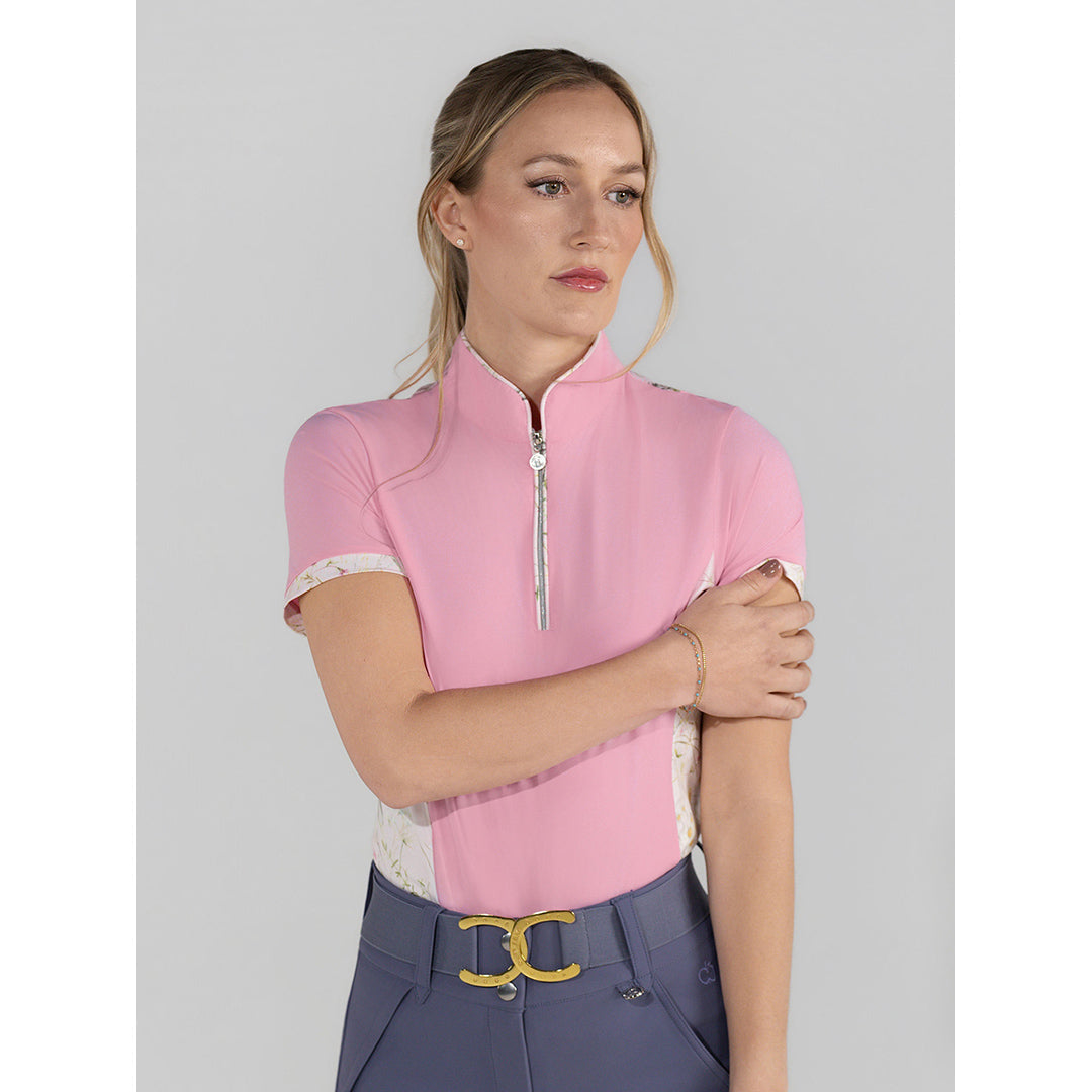 pink short sleeve riding shirt with pattern accents