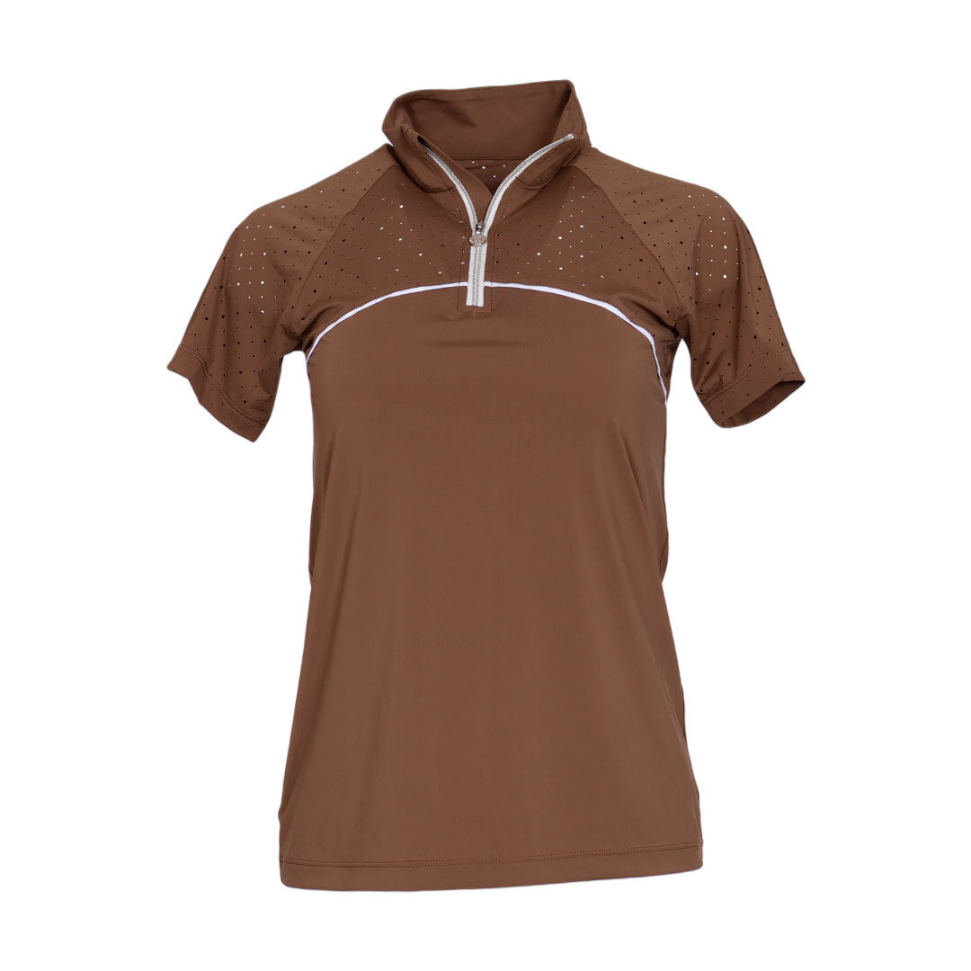 brown short sleeve riding top with white accents