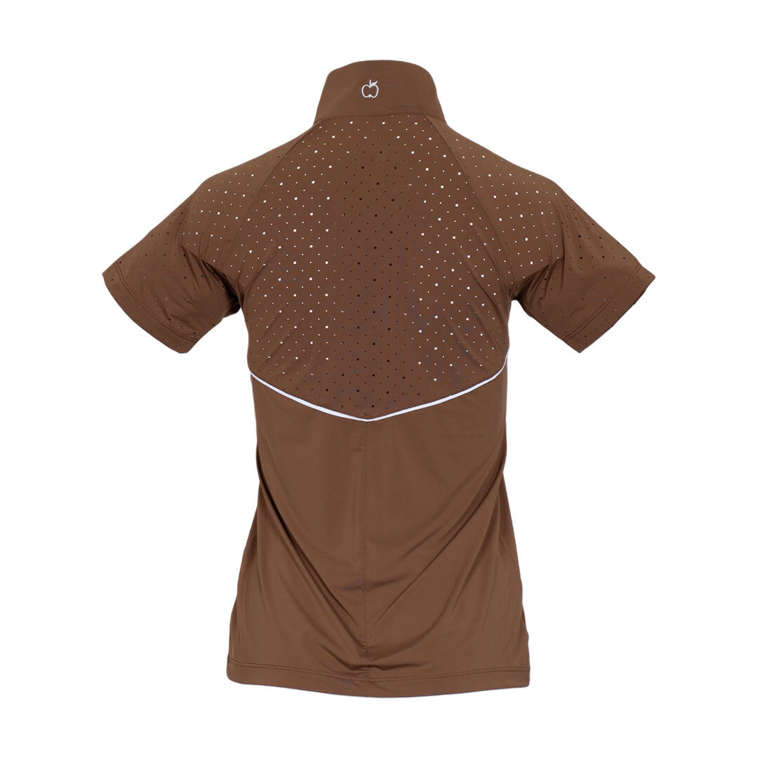 brown short sleeve riding top with white accents