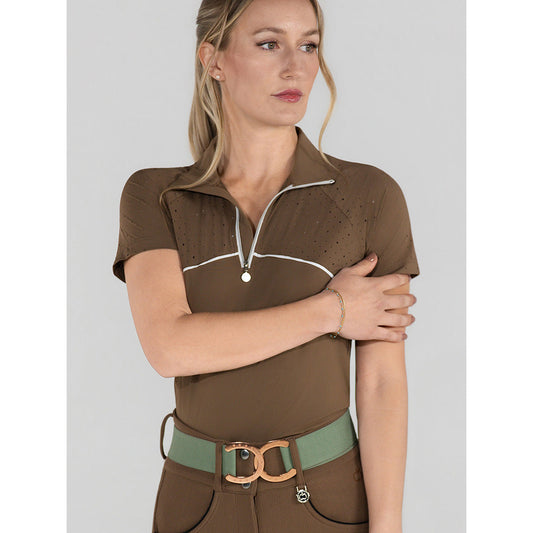 brown short sleeve riding top with white accents