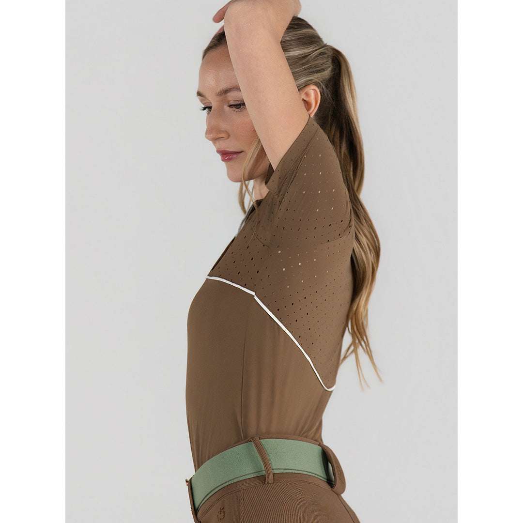 brown short sleeve riding top with white accents