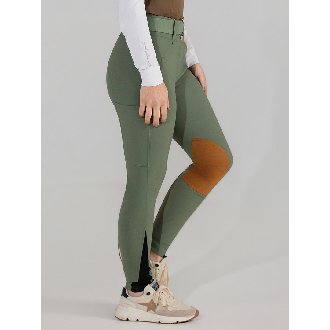 Green equestrian pants with brown and black accents