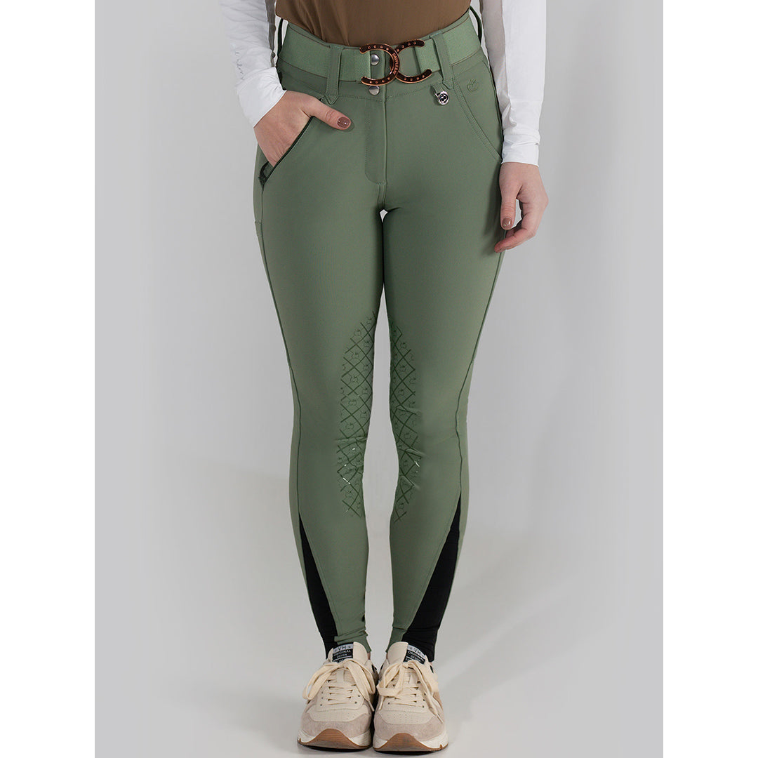 Green equestrian pants with a brown belt on a white background