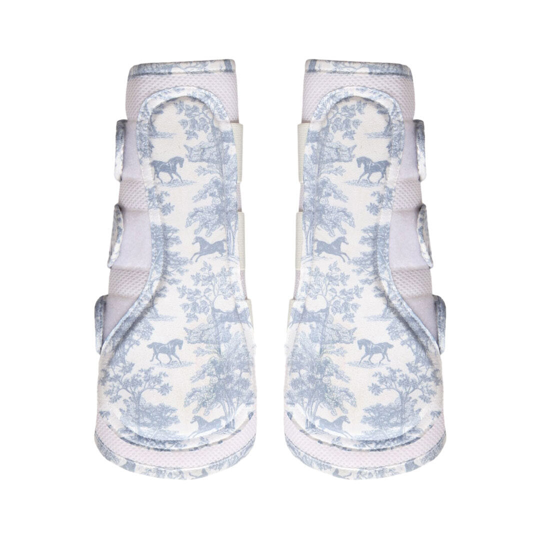 blue and white patterned horse boots