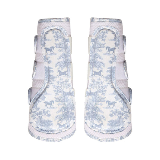 blue and white patterned horse boots