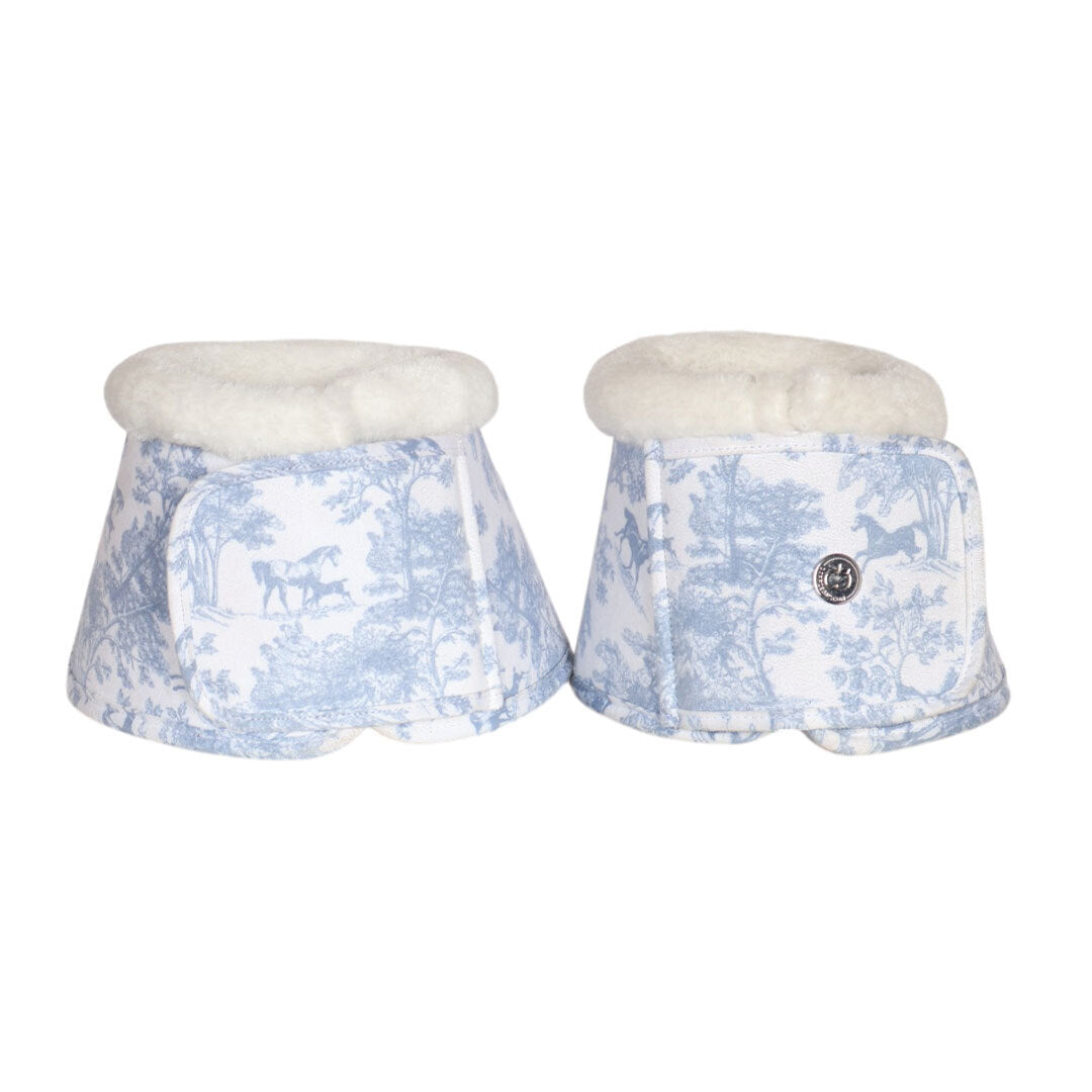 blue and white patterned bell boots