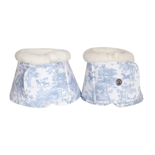 blue and white patterned bell boots