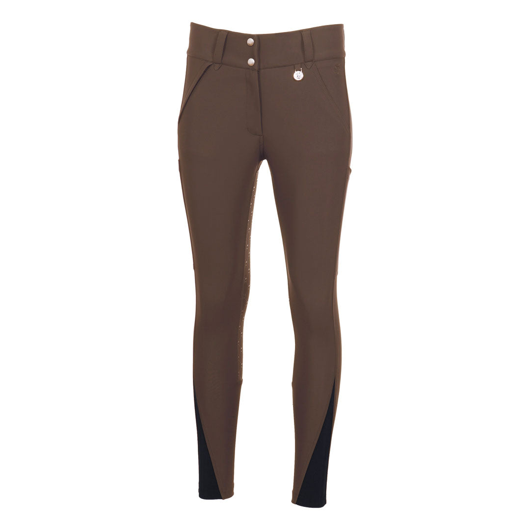 Brown riding pants with black accents on a white background