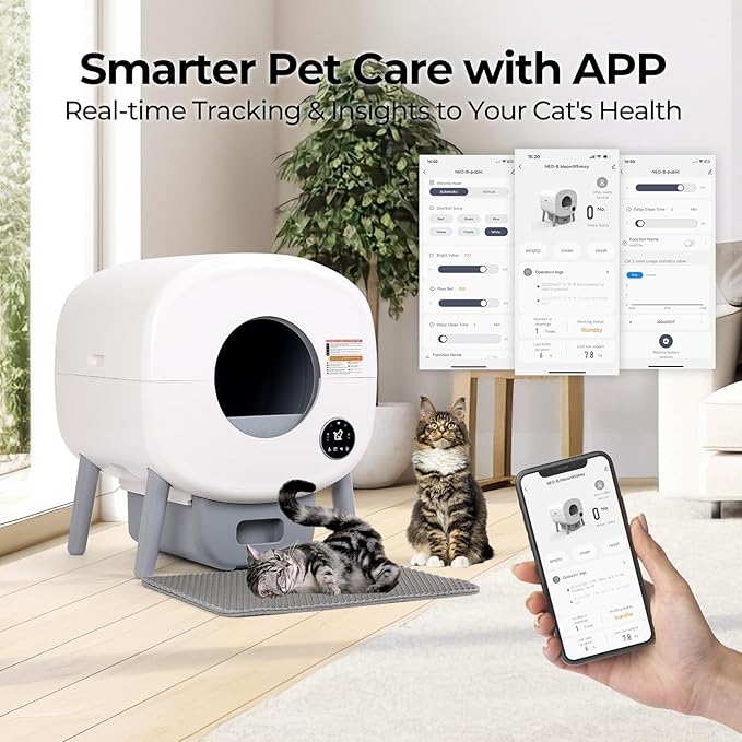 Self Cleaning Cat Litter Box: Extra Large Automatic Litter Box for Multiple Cats, Odor-Free, App-Controlled, Ambient Light Waste Disposal