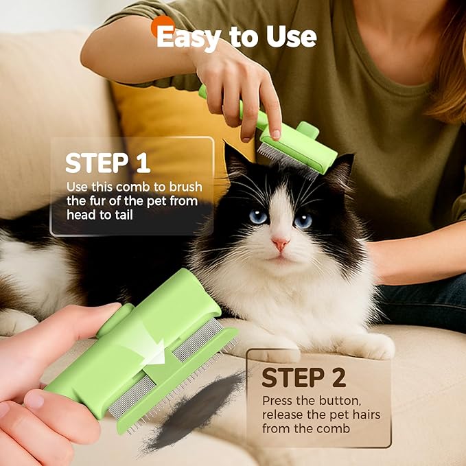 Pet Hair Removal Comb Flea Combs for Cats and Dogs, Pet Flea Comb Grooming Brush with One-Click Release Button, Dog Cat Deshedding Brush for Short & Long Hair (Blue & Green)