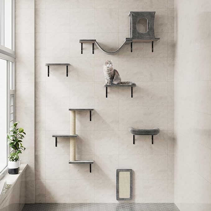 NUNU LAB Wall Mounted Cat Furniture, 6 Pcs Cat Wall Shelves with Condo House, Bridge, Steps, Scratcher, Hammock, Indoor Safe & Stable Furniture for Kittens Play, Dark Gray