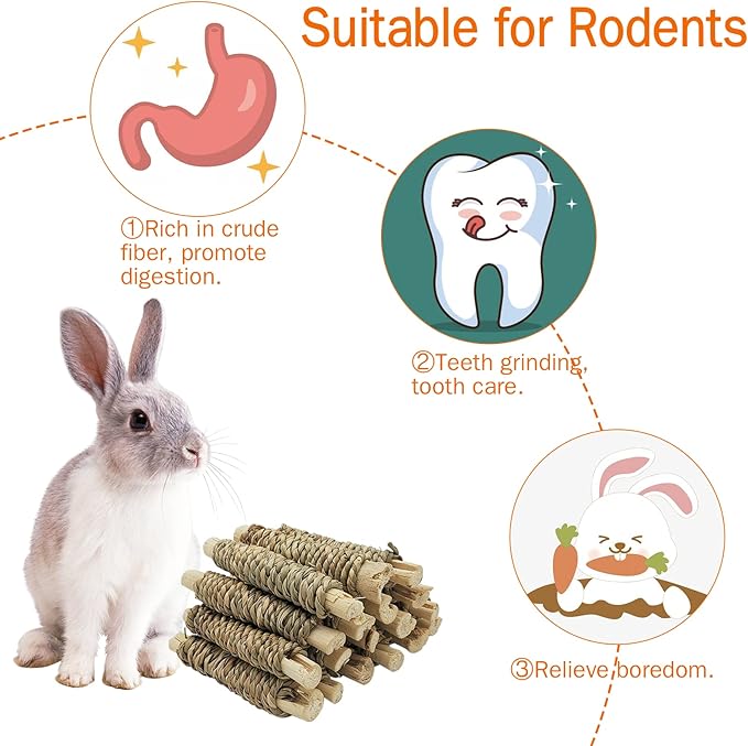 Fhiny 18 PCS Guinea Pig Chew Toys, Natural Seagrass Sweet Bamboo Molar Sticks for Teeth Bunny Chew Toys Cage Accessories for Rabbit Bunny Guinea Pig Chinchilla Hamster