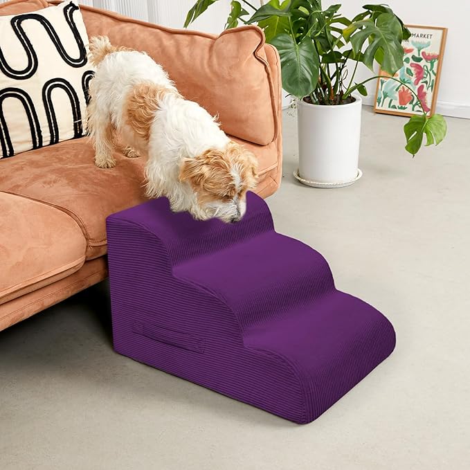 Dog Steps for Small Dogs, 4-Step Dog Ramp and Stairs for High Beds and Sofa, Non-Slip Pet Stairs Removable and Easy to Clean Cover, Purple