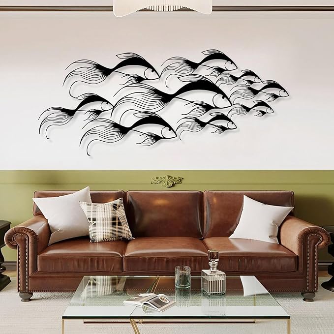 School of Fish Metal Wall Art, Metal Fish Wall Decor, Sea Life Wall Art, Large Nautical Wall Hanging, Modern Beach House Wall Decor, Ocean Themed Artwork for Bathroom (Silver, 59"x25" | 150x64cm)