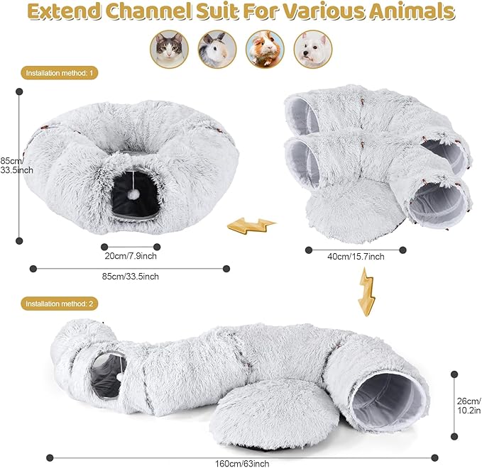 Odoland Cat Tunnel Bed with 20 Cat Toys - Indoor Plush Kitten Couch, Detachable Cats Cave Donut Tunnel & Soft Kitten Toy Set - Cozy Cat Furniture, White