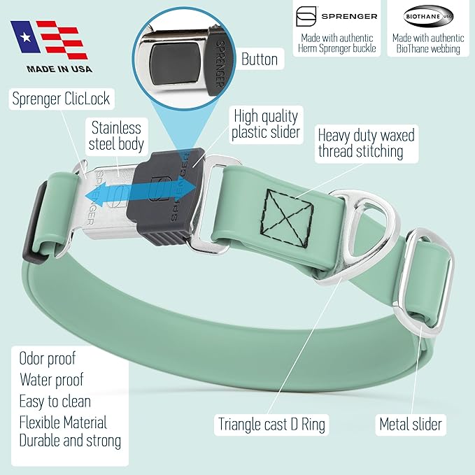Dogline Biothane Waterproof Dog Collar with Herm Sprenger Black Stainless Steel Quick Release Buckle – Heavy Duty Tactical Durable Collar for Dogs – Comfortable Pet Collar W3/4" L12-19 Sage Green