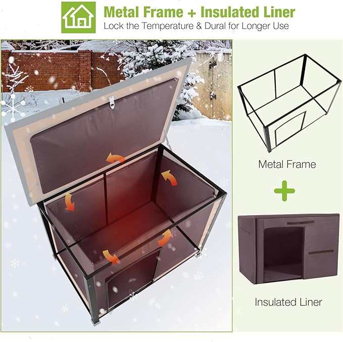 GUTINNEEN Large Insulated Dog House for Winter Outdoor Dog Kennel with Anti-Chewing Metal Frame for Medium to Large Dogs, Brown Color