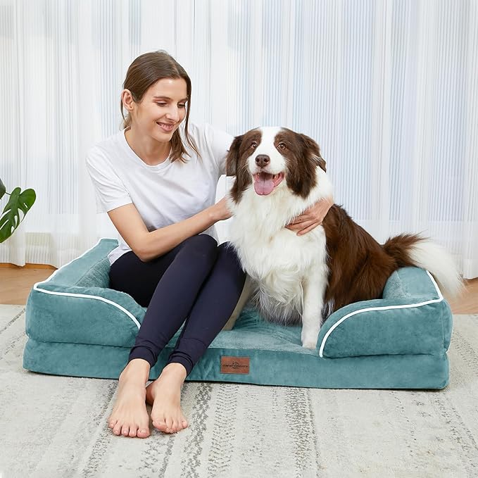 Comfort Expression Large Dog Beds Waterproof Orthopedic Foam Dog Sofa Beds Comfy Pet Bed with Washable Removable Cover & Non-Slip Bottom(Large,Washed Blue)