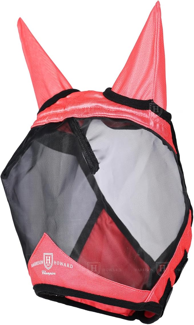 Harrison Howard Pro Luminous Horse Half Face Fly Mask Large Eye Space with Ears UV Protection for Horse Coral Orange M