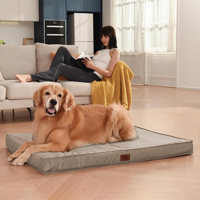 Outdoor Dog Bed for Small Dogs, Waterproof Dog Crate Bed for Small Dogs, Orthopedic Egg Crate Foam Puppy Beds with Washable and Removable Oxford Cover, Khaki