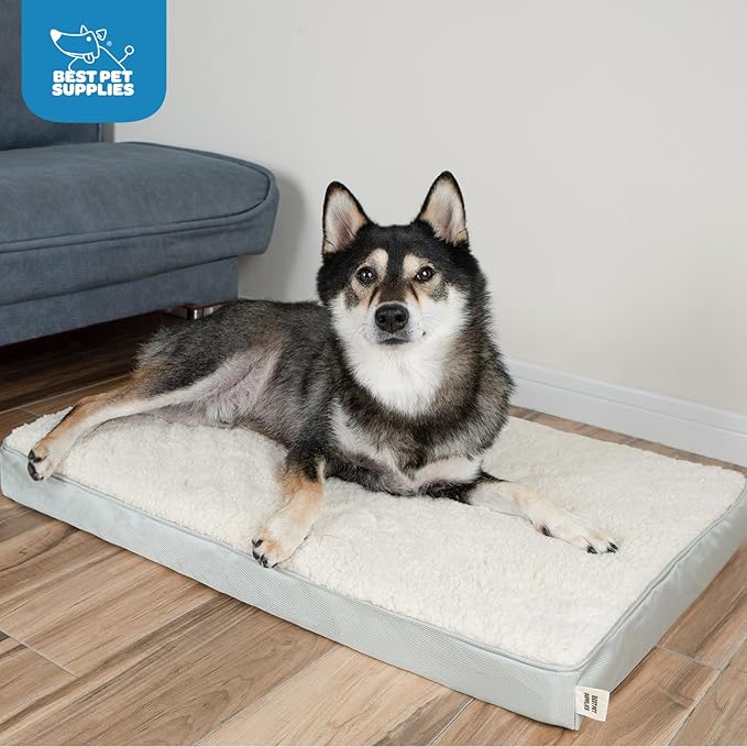 Best Pet Supplies Cute Dog Crate Mat Flat Bed with Waterproof Exterior, Thick Orthopedic Egg Foam Mattress, and Soft Sherpa Fleece Cover for Small, Medium, and Large Breeds - Beige, 41X29X4