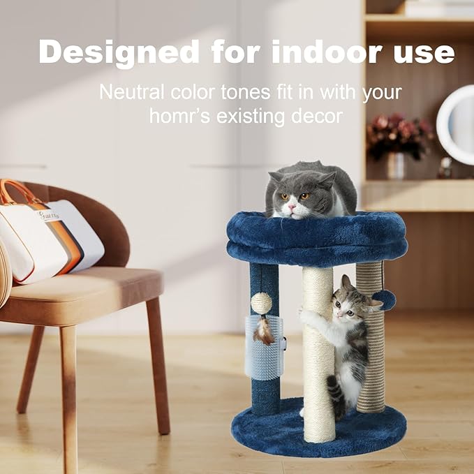 MECOOL Cat Scratching Post Tree with Tower Soft Bed.Natural Quality Sisal Carpet Jute Scratch Posts with Three Hanging Ball Toys and Massage Brush for Indoor Cats and Kittens Blue