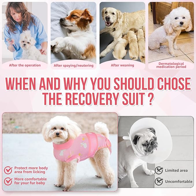 Lukovee Recovery Suit for Dogs, Zipper On Recovery Suit for Female Male Dog, Onesie Abdominal Wounds Cone E-Collar Alternative Prevent Licking Spay Recovery Suit (S,PI)