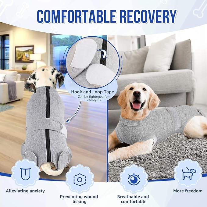 Lukovee Recovery Suit for Dogs, Zipper On Recovery Suit for Female Male Dog, Onesie Abdominal Wounds Cone E-Collar Alternative Prevent Licking Spay Recovery Suit (Large, Grey)