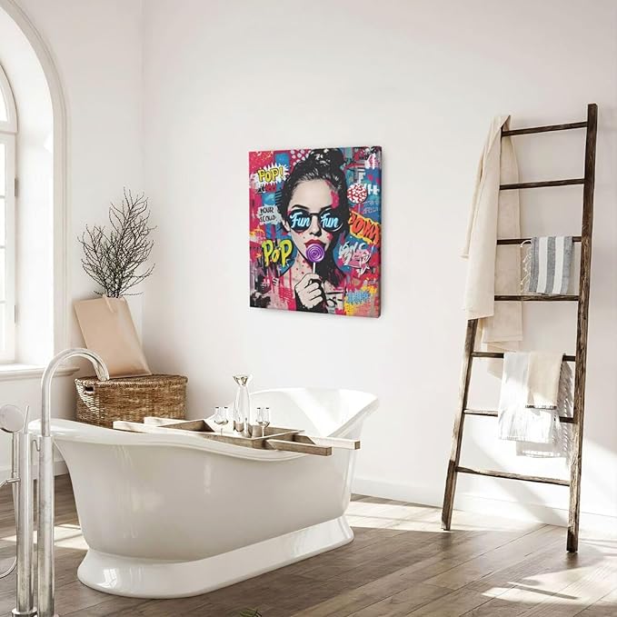 Fashion Women Wall Art Glam Modern Artwork for Girls Banksy Street Graffiti Pop Art Canvas Pictures Painting Print Framed Decorations Gifts for Bedroom Living Room Office 20"x24"