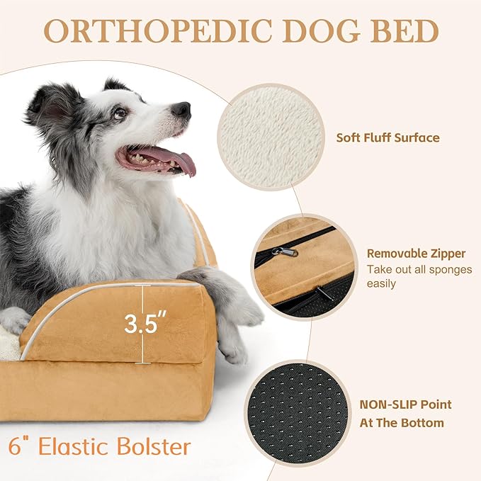 Comfort Expression Small Dog Beds Waterproof Orthopedic Foam Dog Sofa Beds for Medium Dogs Comfy Pet Bed with Washable Removable Cover & Non-Slip Bottom(Small,Khaki)