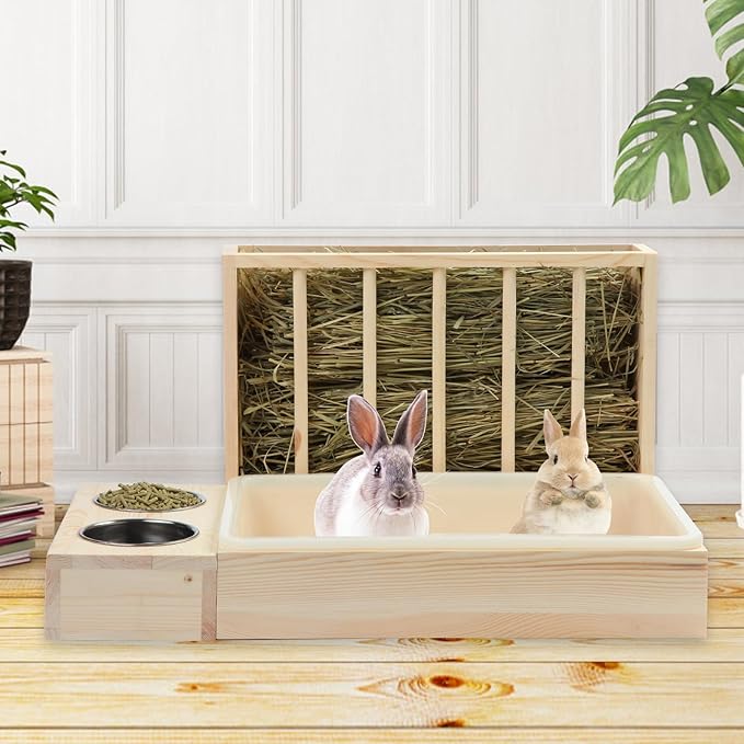 MOBYKE 3 in 1 Rabbit Hay Feeder with Litter Box, Wood, Mess Proof, for Guinea Pig, Chinchillas, Hamster, Dwarf Rabbit