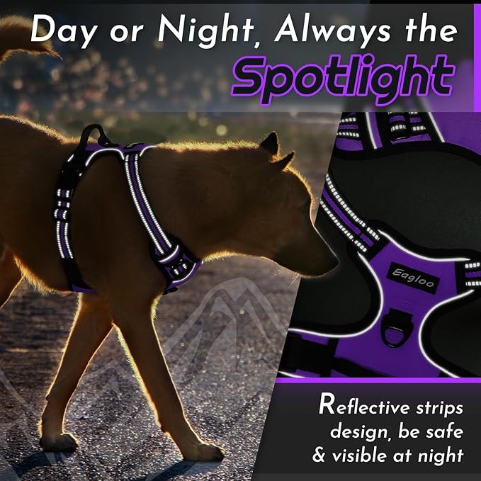 Eagloo Dog Harness Medium Sized Dog, No Pull Service Vest with Reflective Strips and Control Handle, Adjustable and Comfortable for Easy Walking, No Choke Pet Harness with 2 Metal Rings, Purple, M