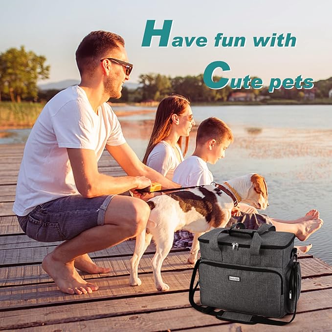 BAGLHER Dog Travel Bag, Airline Approved Pet Tote Organizer with Multi-Function Pockets, 2 X Food Storage Containers and 2 X Collapsible Dog Bowls, Perfect Weekend Pet Travel Set for Dog, Cat Grey