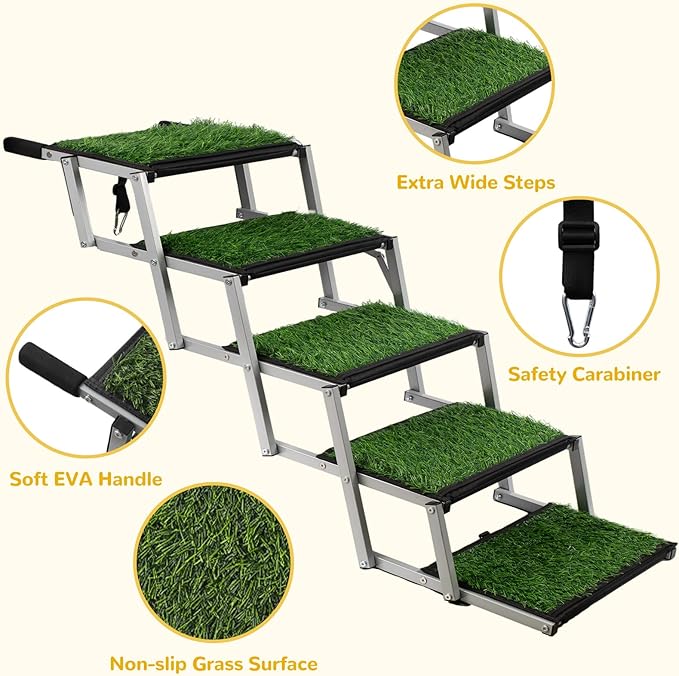 Extra Wide Dog Stairs for Car, Portable Folding Dog Steps for Large Dogs with Non-Slip Grass Rug for Cars, SUV, Trucks, Lightweight Pet Ramps Supports Up to 200 lb, 5 Steps