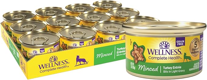 Wellness Complete Health Minced Adult Wet Cat Food, Natural, Protein-Rich, Grain Free, 3 Ounce, 24 Pack, (Turkey Entrée)