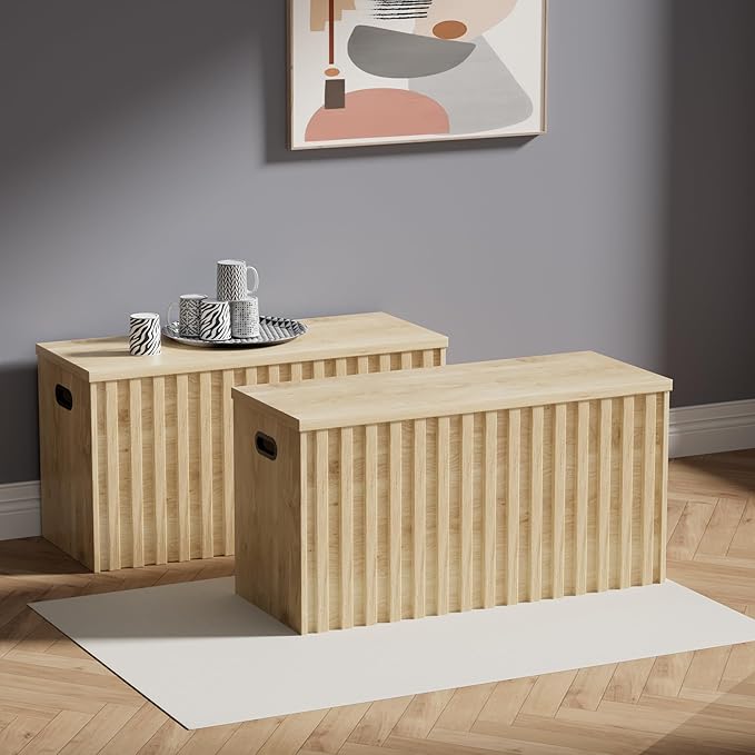 UEV Storage Bench Set of 2, 39.4" Wood Storage Trunk with 2 Safety Hinges, Sturdy Storage Chest, Fluted Storage Bench for Bedroom, Shoe Bench for Entryway, Living Room (Ivroy White)