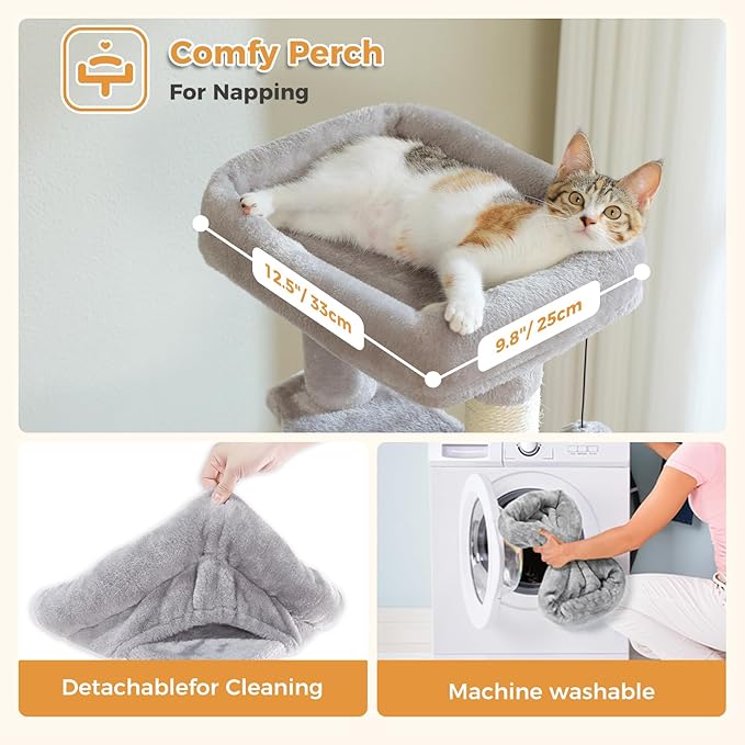 PAWZ Road Cat Tree, 51.6 Inches Cat Tower with Dual Condos, Spacious Perch, Cozy Basket and Sisal-Covered Scratching Posts for Indoor Cats- Gray