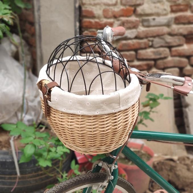 Bike Pet Basket, Wicker Bike Basket for Small Dogs Cats Pet Carrier Front Basket with Wire Mesh Cover and Lid, Wicker Basket for Dogs and Cats, Rattan Storage Basket, 11.81 * 9.84 inch (B)