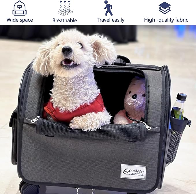 Dog Travel Bag with Removable Rolling Wheels, Airline Approved Pet Carrier, Foldable Cat Bag with Breathable Mesh, Pet Stroller(Grey)