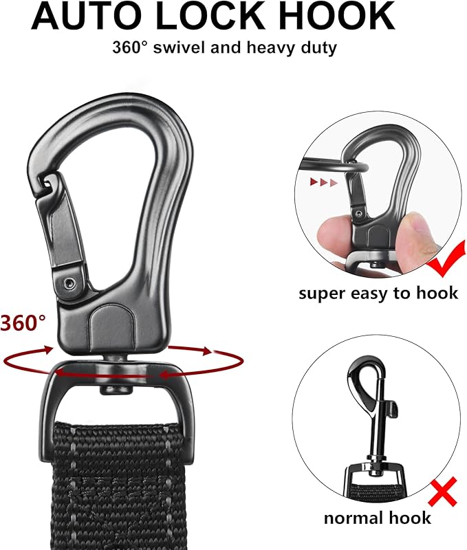 TwoEar 6FT 1IN Strong Black Dog Leash with 2 Padded Handles, Traffic Handle Extra Control, Comfortable Soft Dual Handle, Auto Lock Hook, Reflective Walking Lead for Small Medium and Large Dogs
